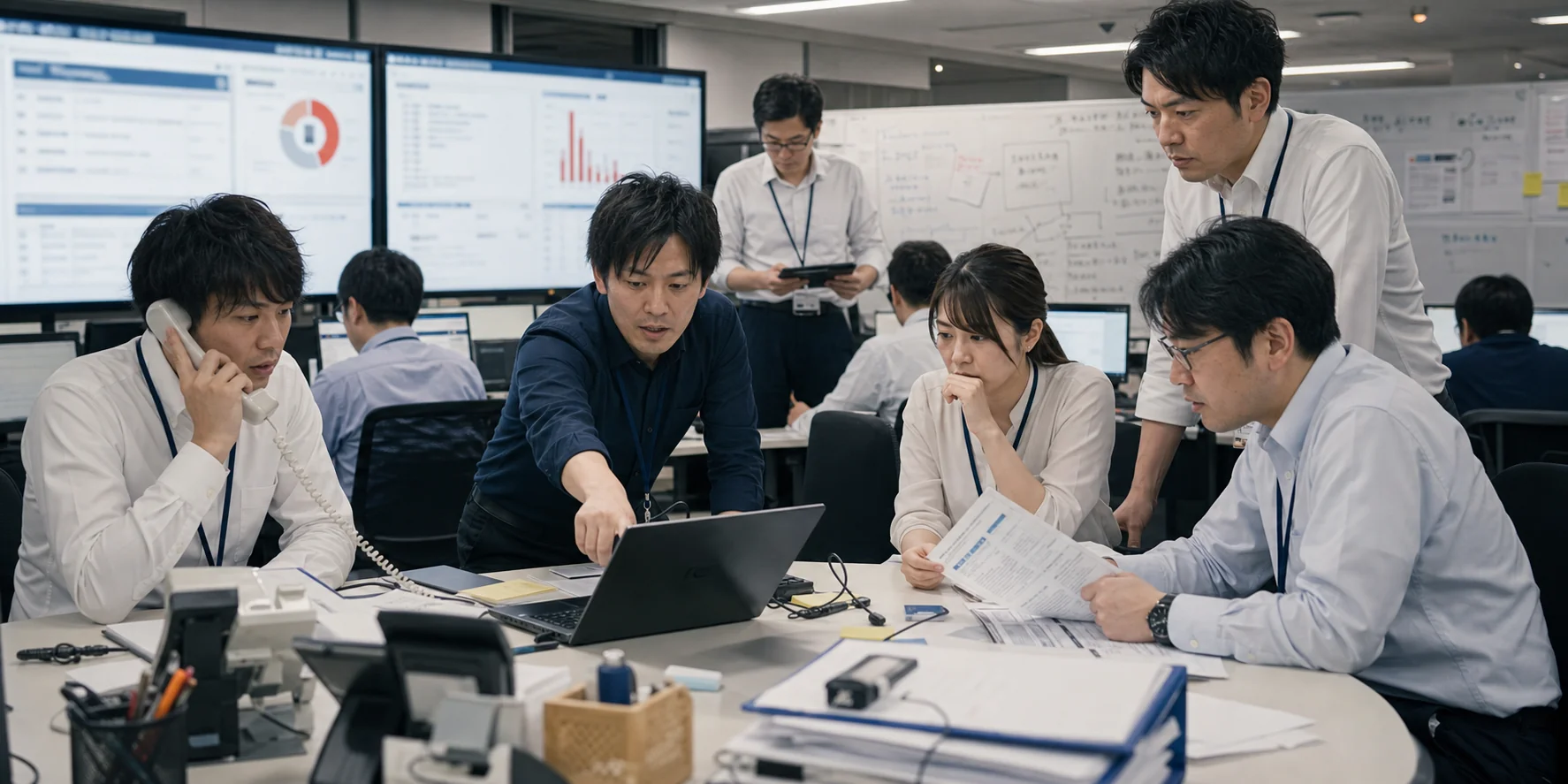 組込みソフトウェアの障害対応について、複数の担当者がモニターや資料を確認している実写画像。